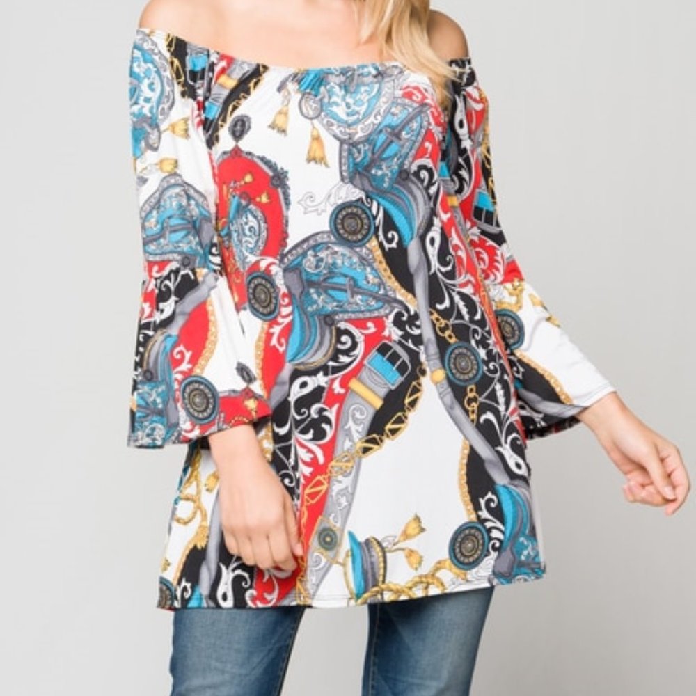 Voll Multi Color Tunic Blouse with Bell Sleeves - S